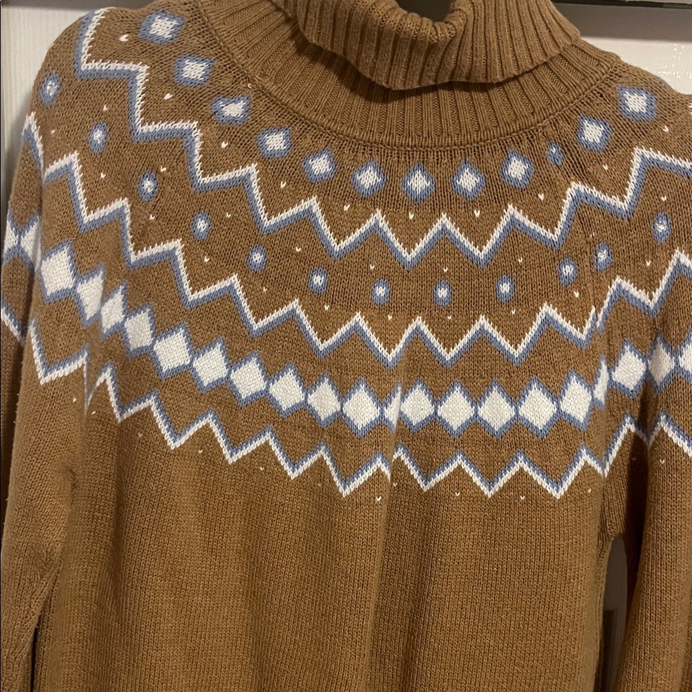 J. Crew Camel Turtleneck Sweater with White and Blue Pattern